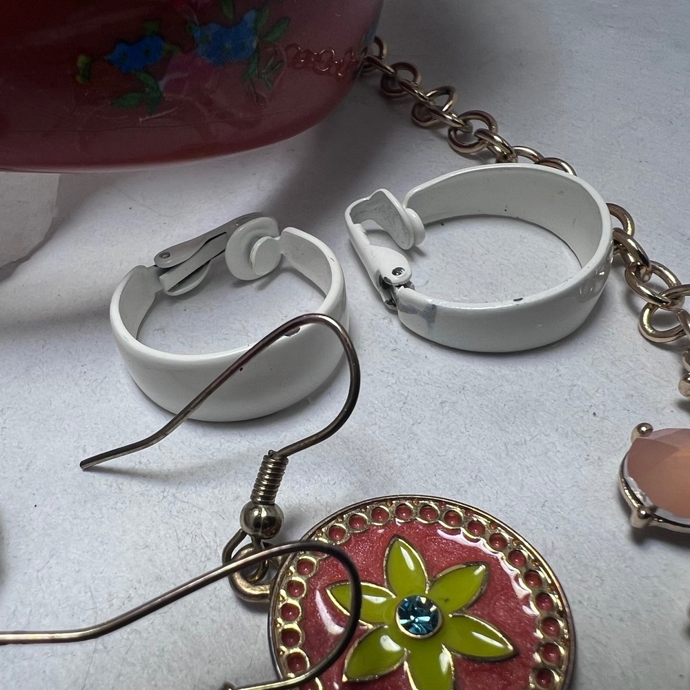 vtg - Modern Jewelry Orange Flowercore Bib Necklace Enamel Earrings Bangle‎ Cuff - Picture 6 of 16